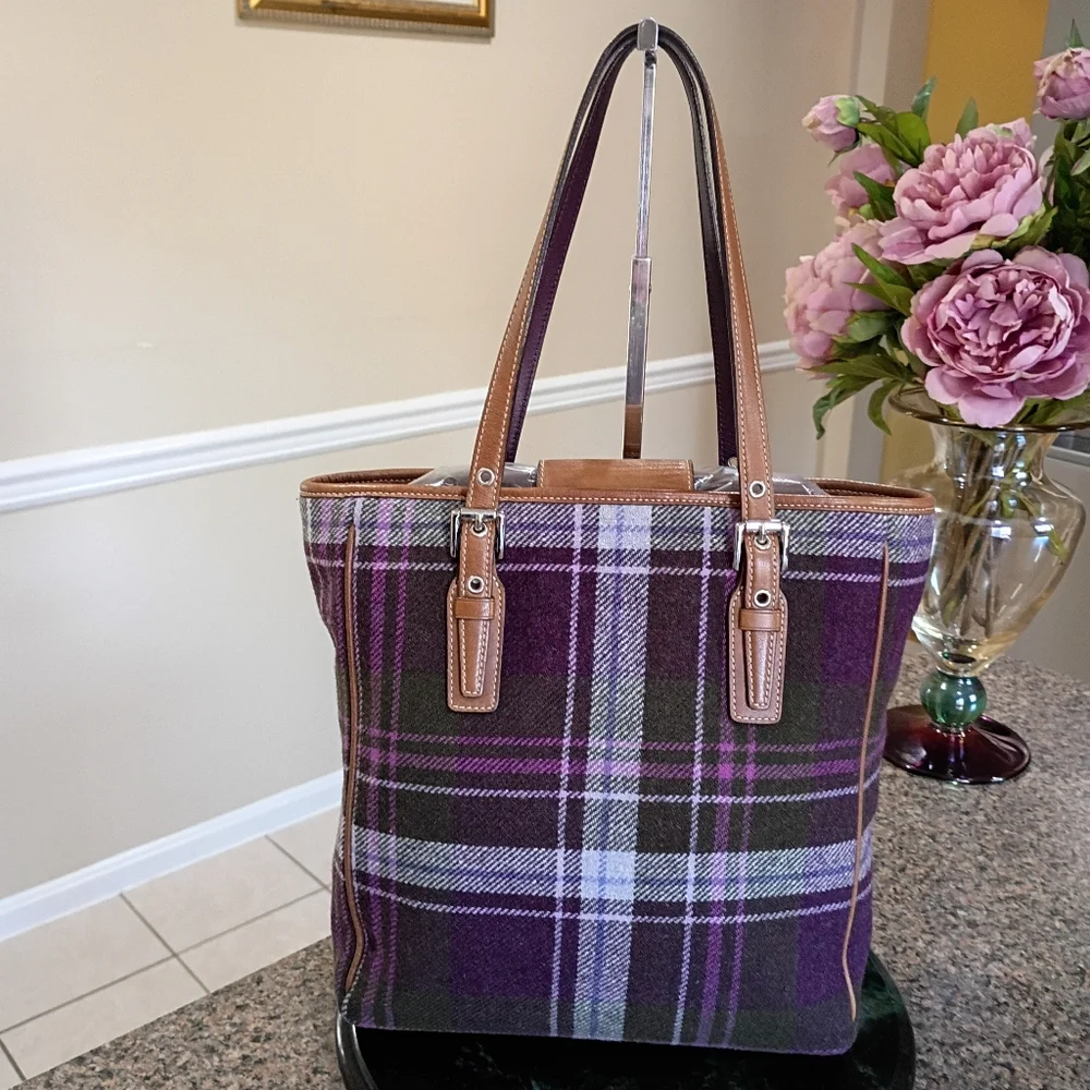 Coach Wool Plaid Purple Tote
